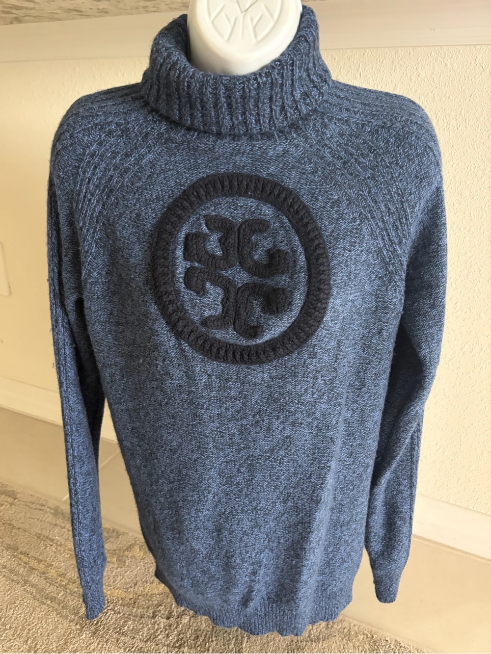 Tory Burch Slate Blue Turtleneck Sweater with Logo M